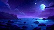 Ocean landscape at night with shallows with rocks under a starry sky with a full moon, a tranquil seascape. Cartoon illustration of a night seascape.