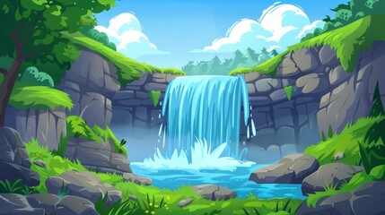 Wall Mural - Nature illustration of waterfall in mountain landscape with ledge in lake and rocks. Water cascading off cliff in waterfall.