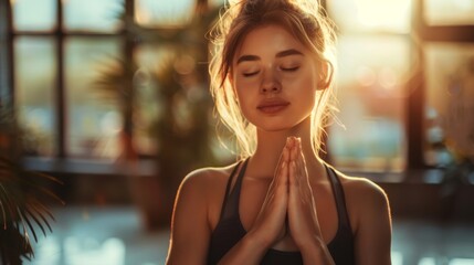 Canvas Print - Woman Meditating in Golden Light