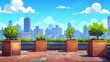 Urban rooftop garden with green plants in wooden boxes with soil, a modern patio with a cityscape view, a city recreational place on a roof, cartoon modern illustration.