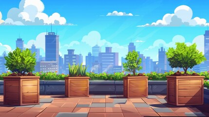 Wall Mural - Urban rooftop garden with green plants in wooden boxes with soil, a modern patio with a cityscape view, a city recreational place on a roof, cartoon modern illustration.