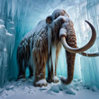 mammoth frozen in a swamp standing upright with beautiful clear, transparent water, freezing all around this upright body	