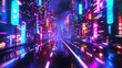 Render a road that travels through a city of neon lights, with bright colors and flashing signs illuminating the night