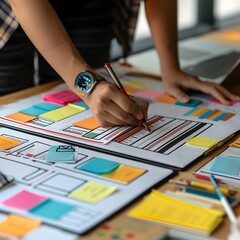 a person is drawing on a piece of paper with a pen. the paper has a colorful design with squares and
