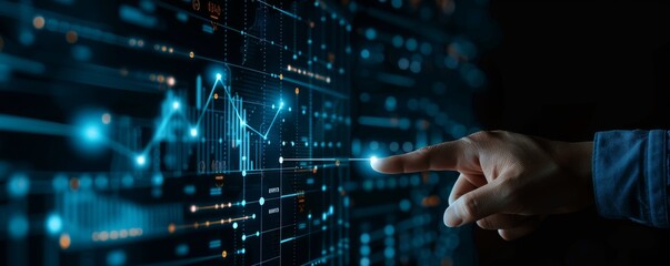 Aufkleber - Businessman hand pointing at virtual screen with growth graph chart and rising line of stock market or financial data, global business concept on dark background