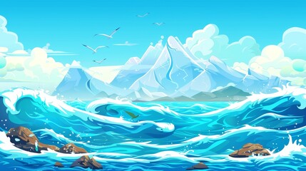 Wall Mural - Towards the horizon is a sea with waves and mountains. This is a modern cartoon illustration of a lake with a blue water, rocks, and flying birds.