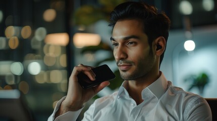 Canvas Print - The portrait depicts a handsome professional Indian man working in a bright office, talking to clients and negotiating business deals.