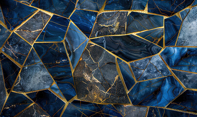 Wall Mural - wallpaper of an Abstract black blue gold mosaic of granite marbled marble stone tile wall decor background banner panorama, with golden lines