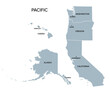 Pacific states, the West Coast of the United States, gray political map. United States Census division of the West region, consisting of the states Alaska, California, Hawaii, Oregon, and Washington.