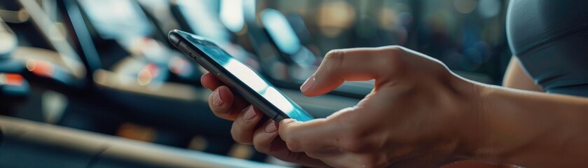 close - up of hands using smartphone for online fitness training with exercise app
