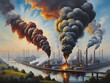 factory with smoke, air pollution, global warming