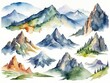 set of beautiful nature landscapes mountain, watercolor style.