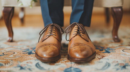 Wall Mural - Stylish Men's Footwear with Blue Suit on Ornate Carpet