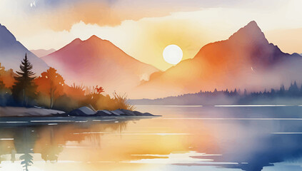 Wall Mural - sunrise over the mountains watercolor vector illustration.