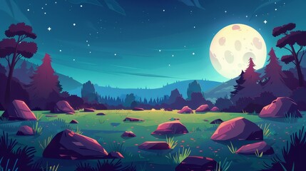 Wall Mural - Mysterious scenery background with dark rural meadow at twilight in a mystical forest at night. Trees, rocks and field under full moon in starry sky.