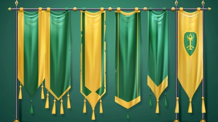 Wall Mural - Flags and banners on poles in green and yellow. Modern graphics of fabric promotion posters and advertising striped canvas pennants.