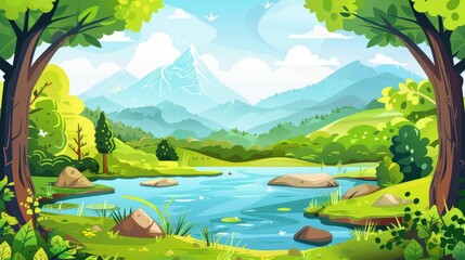 Wall Mural - Stream flows into mountain lake under tree trunks and green grassy shores. Wild nature background, beautiful scenery view, summer woods with plants, Modern illustration.
