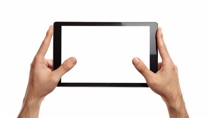 Wall Mural - The hands of a man holding a tablet computer with a blank screen pointing or clicking with fingers on a touchscreen, isolated on white in 3d render.