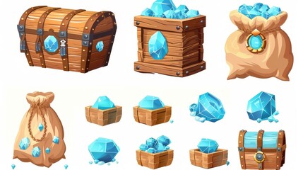 Wall Mural - A treasure chest and a bag with gem stones to represent game icons.A wood trunk or bag with blue crystals to represent game icons. Trophy growth, level reward, pirate loot, fantasy assets, GUI