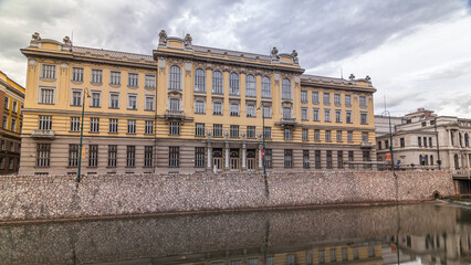 Sticker - Miljacka river and post office in Sarajevo the capital city of Bosnia and Herzegovina timelapse hyperlapse