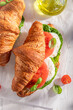 Healthy and tasty french croissant with cheese, tomatoes and basil