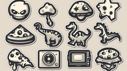 Poster - A monochrome retro stickers set isolated on a beige background. Abstract modern illustration featuring lots of psychodelic emojis, mushrooms, dinosaurs, pizza, burgers, cassette tapes, and