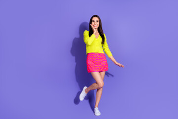 Poster - Photo of glad cute cheerful girl wear stylish clothes empty space isolated on purple color background