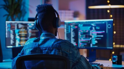 an it professional wearing headphones works at his desk while listening to podcasts and music on his