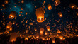 Sky lanterns in the night sky. AI Generated
