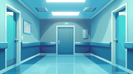 Hospital corridor with room door and door to emergency room with number. Empty ambulatory panorama with blue walls and light blue doors.