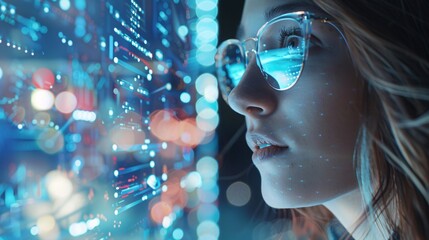 Cyber security concept. Side view of young woman wearing virtual reality goggles while standing against futuristic background.