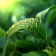 Poster - AI illustration of water droplets on a leaf in a lush garden