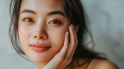 Wall Mural - Stunning Asian Brunette Woman Posing, Smiling, Touching Her Face with Natural, Healthy Skin. Wellness and Skincare Concept on Isolated Soft Background. Close-up.