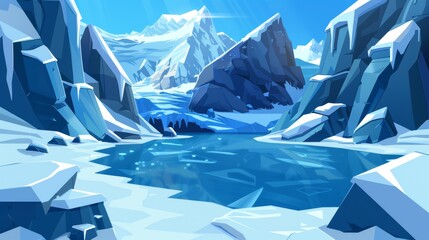 Wall Mural - Winter mountain landscape with lake ice crack modern. Cartoon illustration on snow background with frozen peak range. Snowy mountain panorama with river. Dangerous hole in river water near rock