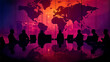 © Nemanja - Silhouette of business team meeting, sitting at round table in office with world map background. Global network connection and communication, worldwide international company cooperation