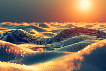 Wall Mural - An abstract landscape of digital dunes, with waves of binary sand shifting in the glow of a virtual sun. The scen