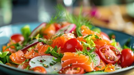 Sticker - salad, fresh vegetables and salmon fillet. selective focus