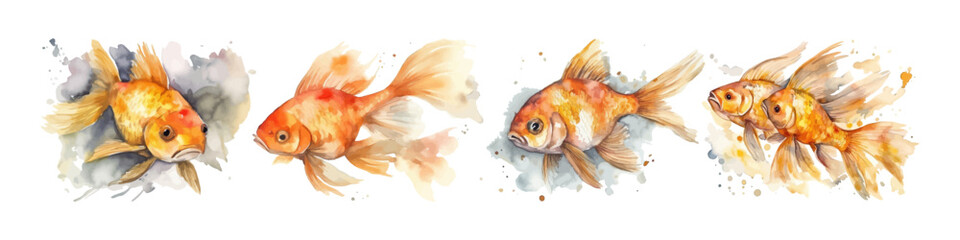 Watercolor set of golden fish. Ocean and sea animal.