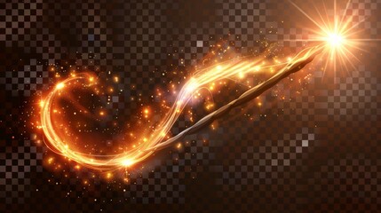 Wall Mural - Modern illustration of luminous lines with shiny glitter particles, magic energy twirl, wizard spell with orange light vortex effects.