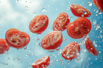 Sliced tomatoes amidst splashing water against a bright blue background, creating a dynamic, refreshing, and vibrant visual effect