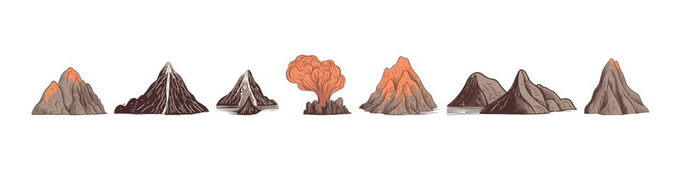 Wall Mural - Mountain set. Forest landscape vector illustration. Volcano illustration.