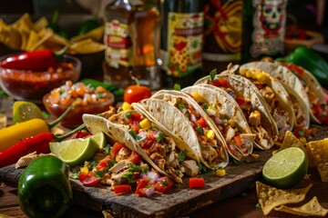 Wall Mural - Closeup of delicious Mexican tacos presented on a rustic wooden cutting board