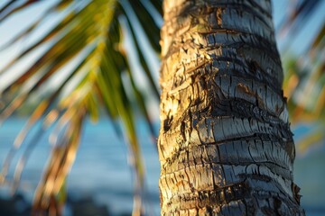 Wall Mural - A closeup view of a palm tree standing tall against the backdrop of the ocean