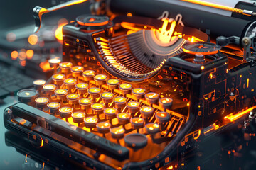 Wall Mural - Double exposure of a vintage typewriter, its keys striking the paper, transitioning into a modern computer keyboard with glowing keys, 