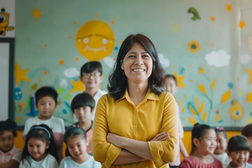 Wall Mural - Portrait of smiling asian teacher in a class at kindergarten elementary school looking at camera with learning kids on background