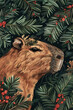Christmas poster with Illustration of a capybara with fir branches, red berries  in retro style on dark background