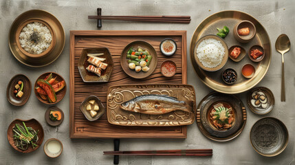 Wall Mural - Design a depiction of a traditional Korean table setting , with various dishes served on  and wooden trays, including grilled fish,  (seasoned vegetables), and steamed rice, showcasing the elegance 