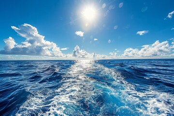 Wall Mural - A panoramic view of the vast ocean from the back of a boat, showing the water stretching to the horizon