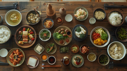 Canvas Print - a depiction of a traditional Korean temple cuisine  spread on a wooden floor, featuring vegetarian dishes like mountain vegetables, tofu, and steamed rice, reflecting the simplicity and mindfulness 