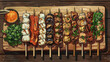 a depiction of a (grilled skewers) platter arranged on a wooden serving board, with various skewers of chicken, vegetables, and mushrooms, accompanied by a side of tare sauce and grated daikon.